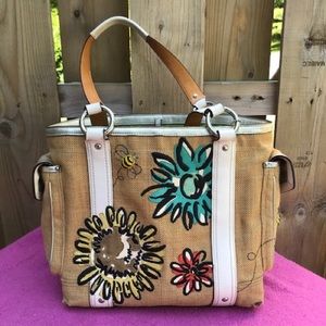 COACH Straw Burlap Motif Bumble Bee Flower